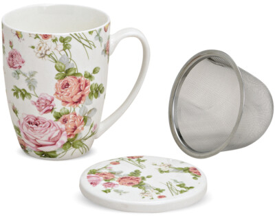 Teetasse Teebecher Rose Blüten mit Deckel & Sieb Porzellan 11cm / 300ml