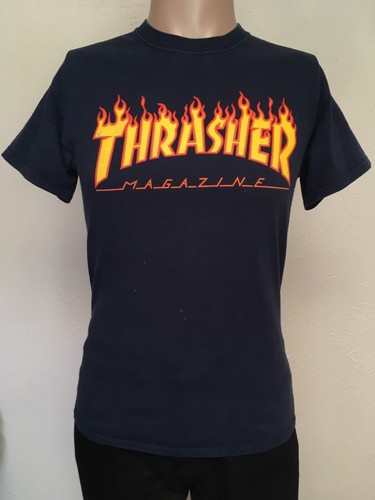THRASHER MAGAZINE FLAME GRAPHIC T SHIRT Navy Blue S SKATEBOARDING Thrasher - Picture 2 of 12