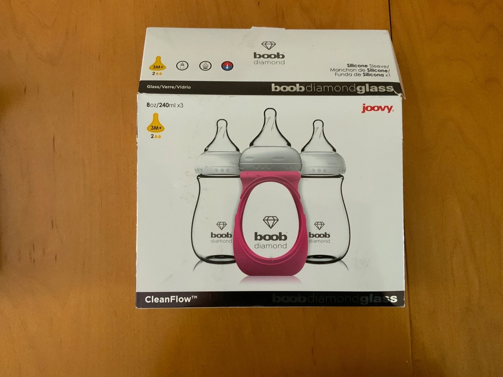 3 NEW Joovy CleanFlow Boob Diamond Glass Baby Bottles 8oz With Pink Sleeve