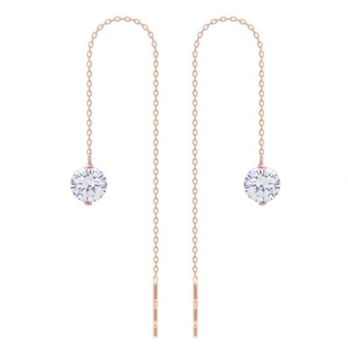 JNK 14K Solid Rose Gold Round Cubic Long Threader Drop Dangle a Pair of Earrings - Picture 3 of 4