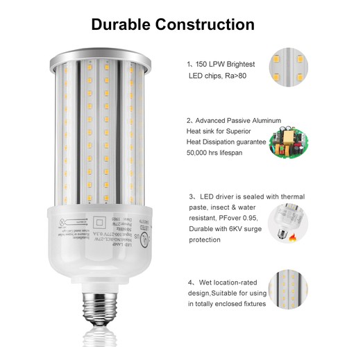 AC100-277V LED Corn Bulb 5000K Daylight Standard Medium Base UL DLC Listed 27W - Picture 4 of 12