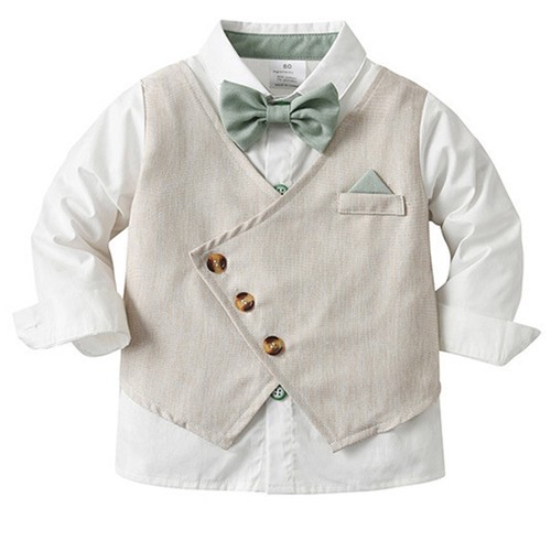 Baby Boys Gentleman Suit Long Sleeve Lapel Button Closure Bowknot Decorated Tops - Picture 20 of 33