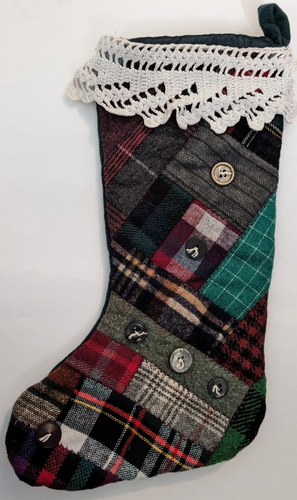 Patchwork Style Fabric Christmas Stocking with buttons - Picture 2 of 7