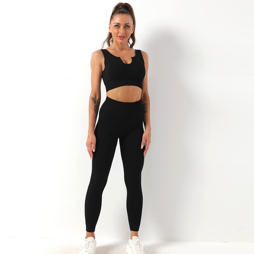 Women's 2 Piece Workout Set Seamless Ribbed Crop Top High Waist Legging Gym Sets - Picture 32 of 38