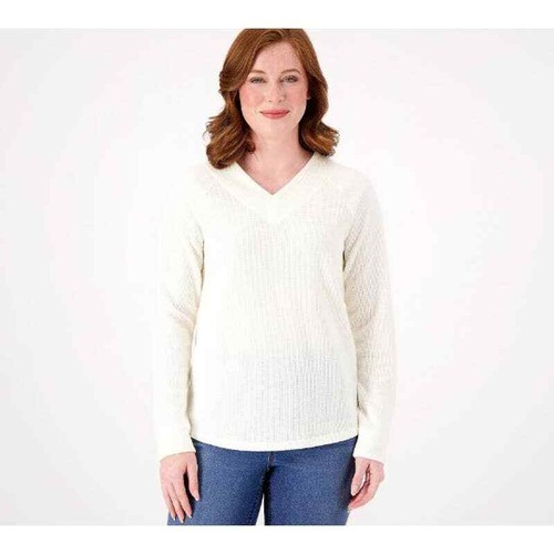 DENIM & CO Comfort Zone Brushed Waffle Knit V-Neck Long Sleeve Top Natural XL - Bild 5 von 5