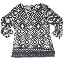 Top Shirt Rafaella L Women 3/4-Sleeve Split-Hem Black, White & Sand Medallion