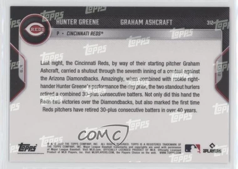 2022 Topps Now Blue /49 Graham Ashcraft Hunter Greene #312 - Image 2 of 2