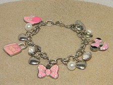 Disney Minnie Mouse Charm Bracelet Pink Pearl Hearts Bow