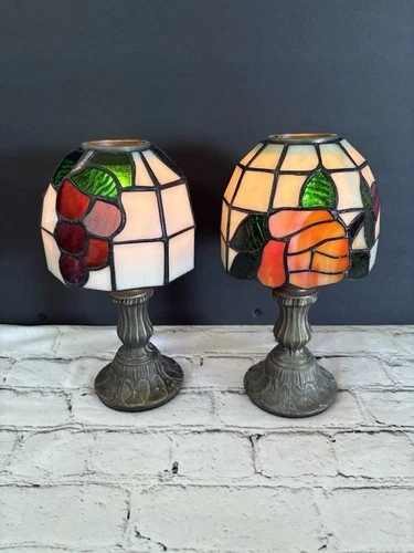 Pair of Vintage Tiffany Tea Light Candle  Lamps With HandCrafted Stained Glass