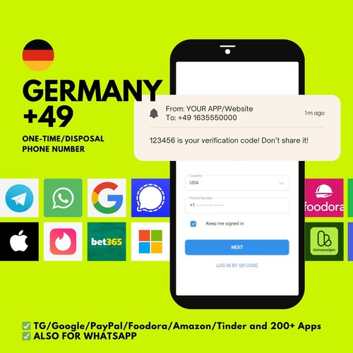Allemagne +49 Numéro de téléphone unique pour code SMS WSAPP/TG, OTP, 2FA, sans SIM/eSIM - Photo 1 sur 3