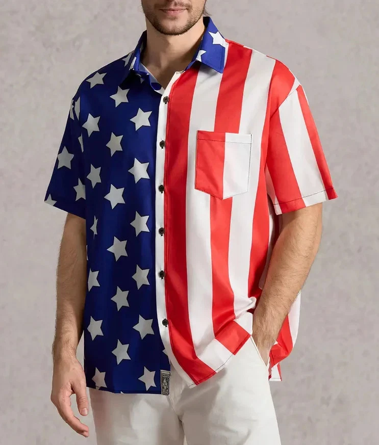 Independence Day Striped Star Short Sleeve Hawaiian Shirt Unisex S-5XL