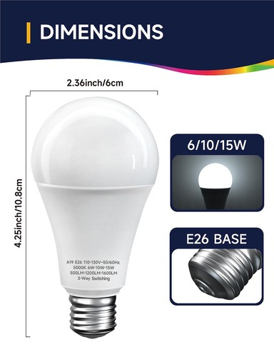 3 Way LED Light Bulbs, 30/70/100W Equivalent, Daylight White 5000K, A19 Three... - Picture 3 of 8