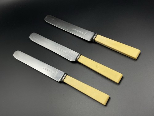 Vintage Set Of 3 ABRAM BROOKSBANK Faux Bone Square End Handle Knives Cutlery