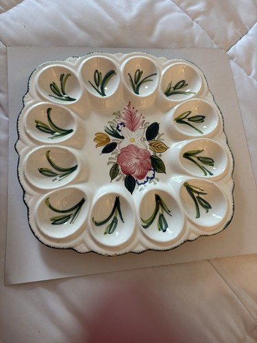 Vintage Square Handmade Hand Painted Deviled Egg Plate Ceramic Flower Pattern - Picture 5 of 6