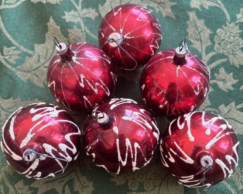 Vintage Austria Glass Christmas Ornaments Lot Red White Mica Scribble Squiggly!
