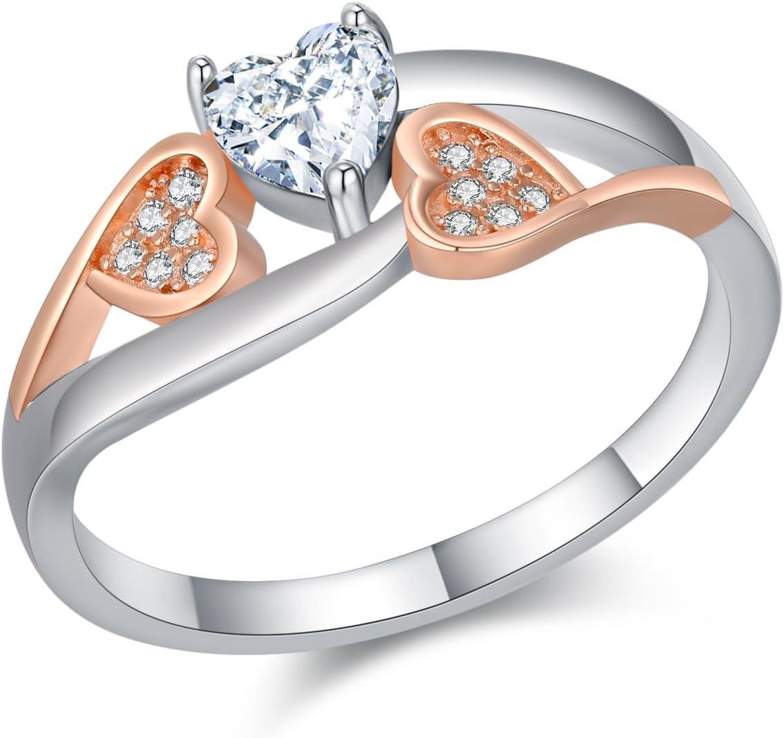 Herzring für Damen S925 Sterling Silber Roségold Herzring Geburtsstein April Sch