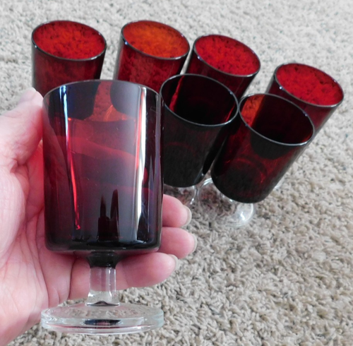 25-784 7 Vintage Lunimarc Ruby Red Stem 4" Cordial Juice Wine Glasses France Old - Picture 4 of 6