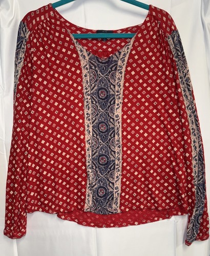 Lucky Brand Top Bluse Damen Gr. L Langarm Rot Blau Bohemian Leinenmischung - Bild 1 von 5