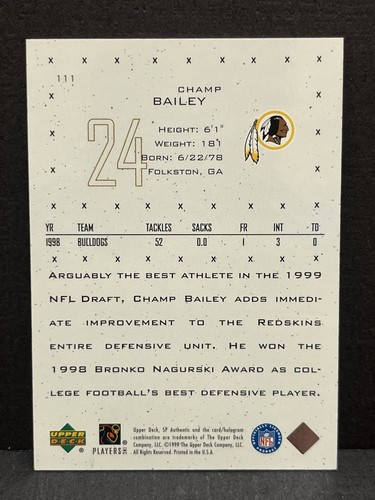 Champ Bailey Rookie 1999 SP Authentic Future Watch Excitement Redskins RC /250 - Picture 2 of 3
