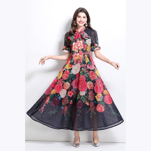Real Shot Sommer neu Damen Urlaub Retro Blumen Puffärmel langer Rock Kleid - Bild 5 von 16