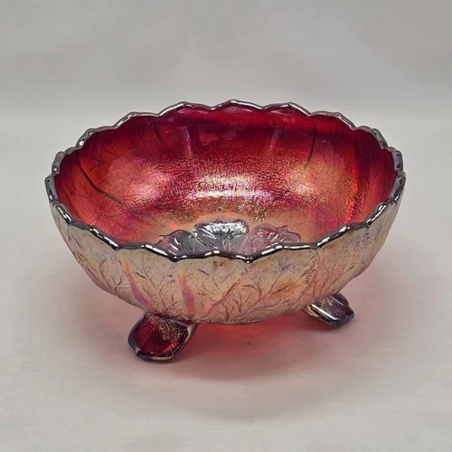 Vtg Imperial Glass Everglade Sunset Ruby Red Carnival Acanthus Candy Bowl 3-Toed