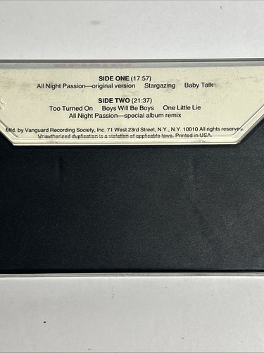 Alisha (Vanguard Records cassette tape 1985) All Night Passion - CV 79456 DANCE - Foto 8 di 8