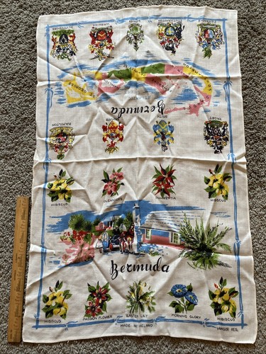 Vintage NEW Oldstock UNUSED Irish Linen Tea Towel Map Of Bermuda Hamgor Reg. - Picture 1 of 8
