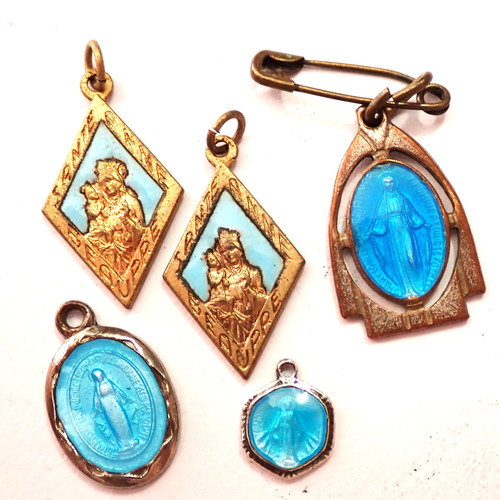 5 Vintage blaue Emaille Medaillen kleinstes Sterlingsilber IHM & St. Anne de Beaupre