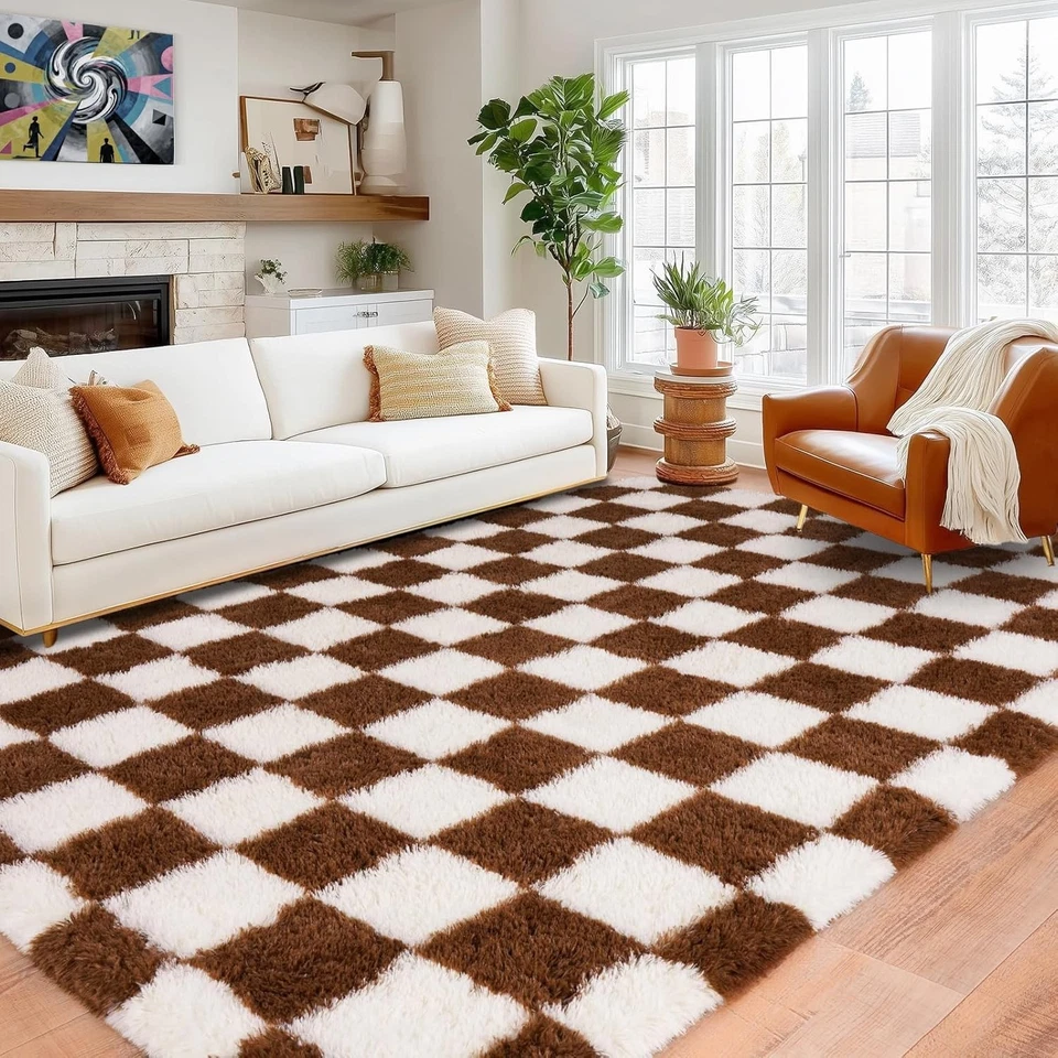 Alfombra mullida a cuadros suave peluda alfombra alfombra para sala de estar dormitorio piso Foto 2 de 4