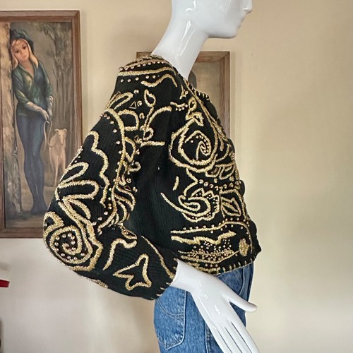 Vintage 90s Michael Simon Eccentric Gold Embroidered Cropped Cardigan Sweater OS - Picture 4 of 12