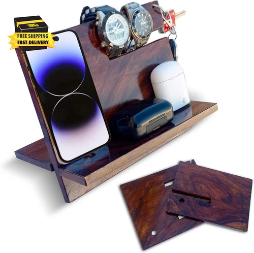 Wooden Phone Docking Station | Bedside Table Organiser | Wallet Watch Stand | Mo