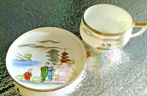 1900 EGGSHELL PORCELAIN CUP SAUCER JAPAN HAND DECORATED MORIAGE LITHOPHAN GEISHA - Picture 3 of 5