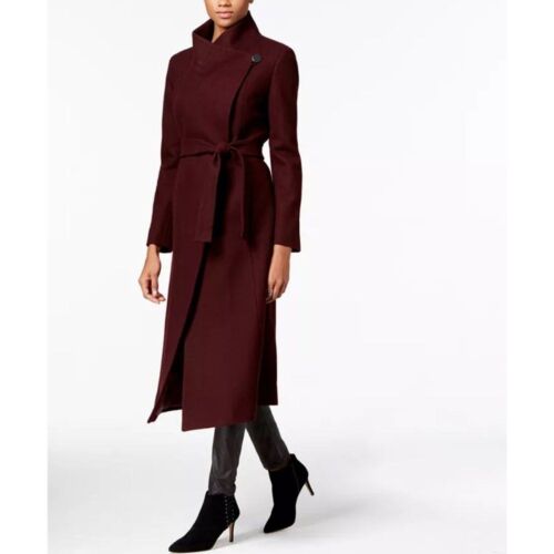 Kenneth Cole Stand Collar Belted Wrap Wool Blend Maxi Coat in Burgundy Sz 14 NWT - Picture 2 of 12