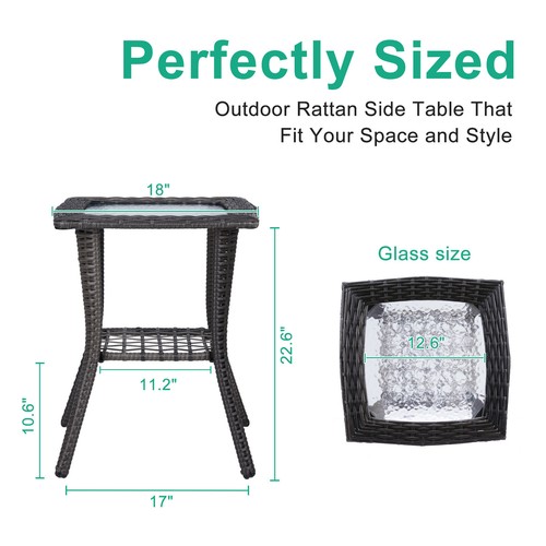 Outdoor Wicker Side Table Glass Top Rattan Coffee Bistro Table for Patio Garden - Picture 6 of 12