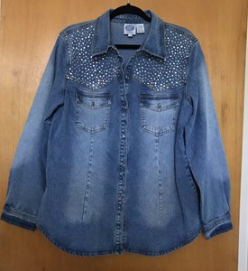 Diane-Gilman-DG2-Denim-Shirt-L-Cotton-Stretch-Blue-Jean-Embellished-Distressed