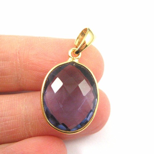 Colgante ovalado de piedras preciosas bisel de cuarzo Iolite con fianza enchapado en oro de 22 K en plata - Imagen 4 de 6