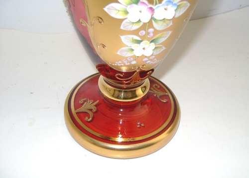 Rare Murano Ruby Red Glass Vase, Gold & Enamel Art Work Salvadori Flowers - Picture 10 of 17