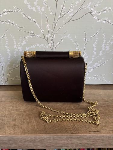 Vintage Black Satin Evening Mini Bag With Rhinestones Gold Chain Clutch - Picture 3 of 8