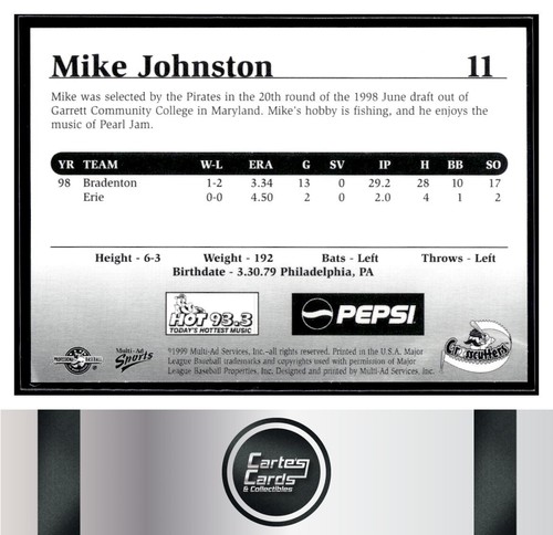 Mike Johnston 1999 Multi-Ad Williamsport Crosscutters #11 Pirates - Picture 2 of 2