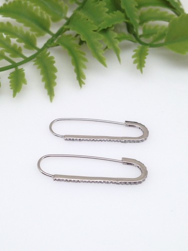 Cz Safety Pin Hoop Earrings 925 Sterling Silver Long Hoops 30x8.5x1mm - Picture 6 of 11