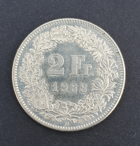 1988 Switzerland 2 Franc Coin, KM#21a, Sharp, Free Shipping! - Picture 2 of 4