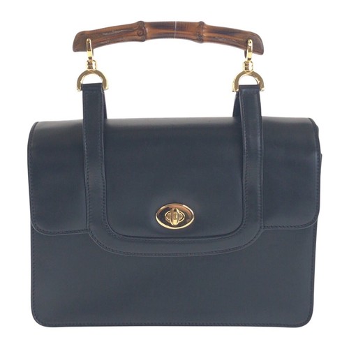 GUCCI Bamboo 000 113 0231 Handbag Black Gold Hardware leather