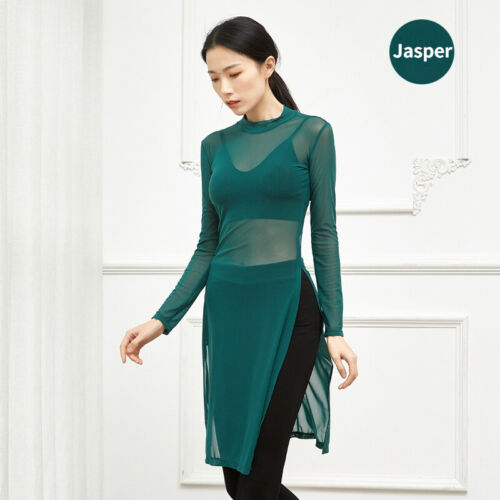 Lady Sexy Sheer Mesh Dress Sretch Fitted Slit Yoga Practice Dance Wear Fit Dress - Picture 8 of 17