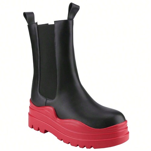Damen-Plateaustiefel farbige Sohle halbhoch lang Gummizug mit zwei Schlaufen klobig - Bild 26 von 84