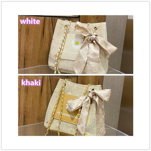 New Korean Women With Silk Scarf Straw Bags Sunflower One Shoulder Bag - Picture 3 of 12