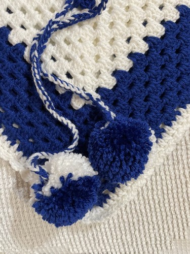 Child Girl's Crocheted Poncho Pullover Handmade Blue and White 17" H x 24" W - Picture 2 of 7