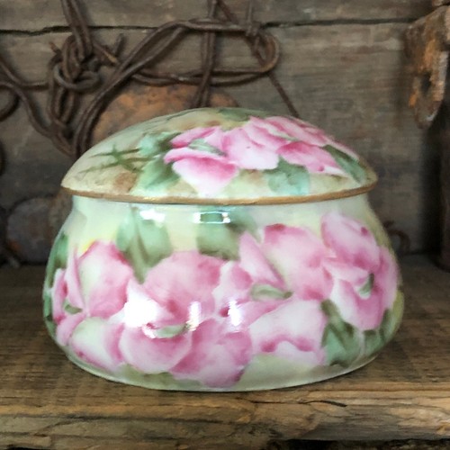 Antique PIN BOX by PM of Bavaria, 3" Porcelain Covered Bowl, Hand Painted Pink - Imagen 3 de 10