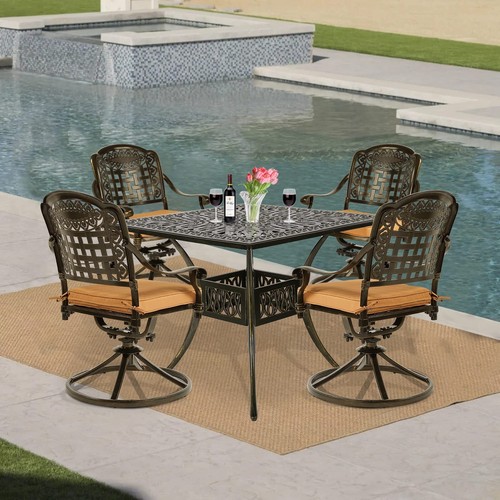 5-Piece Outdoor Patio Dining Set All-Weather Cast Aluminum Garden Swivel Set - Picture 49 of 56
