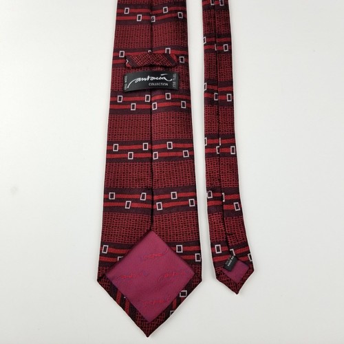 Antonia Collection Mens Necktie Silk Square Geometric Print Red White - Picture 2 of 4