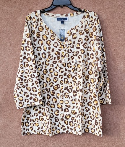 *NEW* Karen Scott Brown Leopard Print on Tan Top 3/4 Sleeve Henley Neck - NWT - Picture 17 of 19